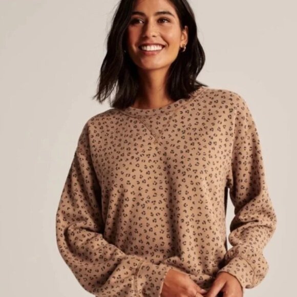 Abercrombie & Fitch Soft Brown Leopard  Crewneck Long Sleeve Sweatshirt, Size M - Picture 1 of 8